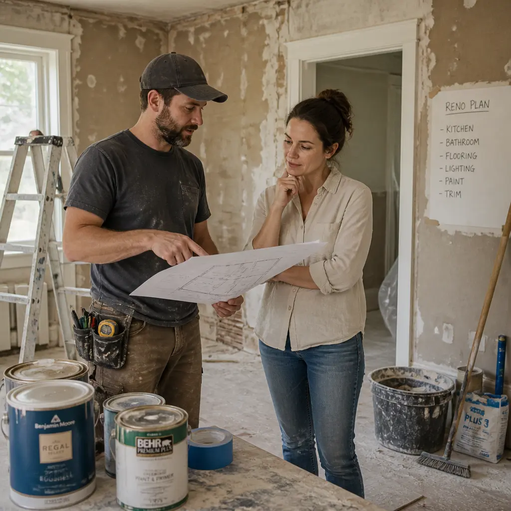 Contractor and homeowner reviewing a house renovation plan checklist during a residential remodeling consultation