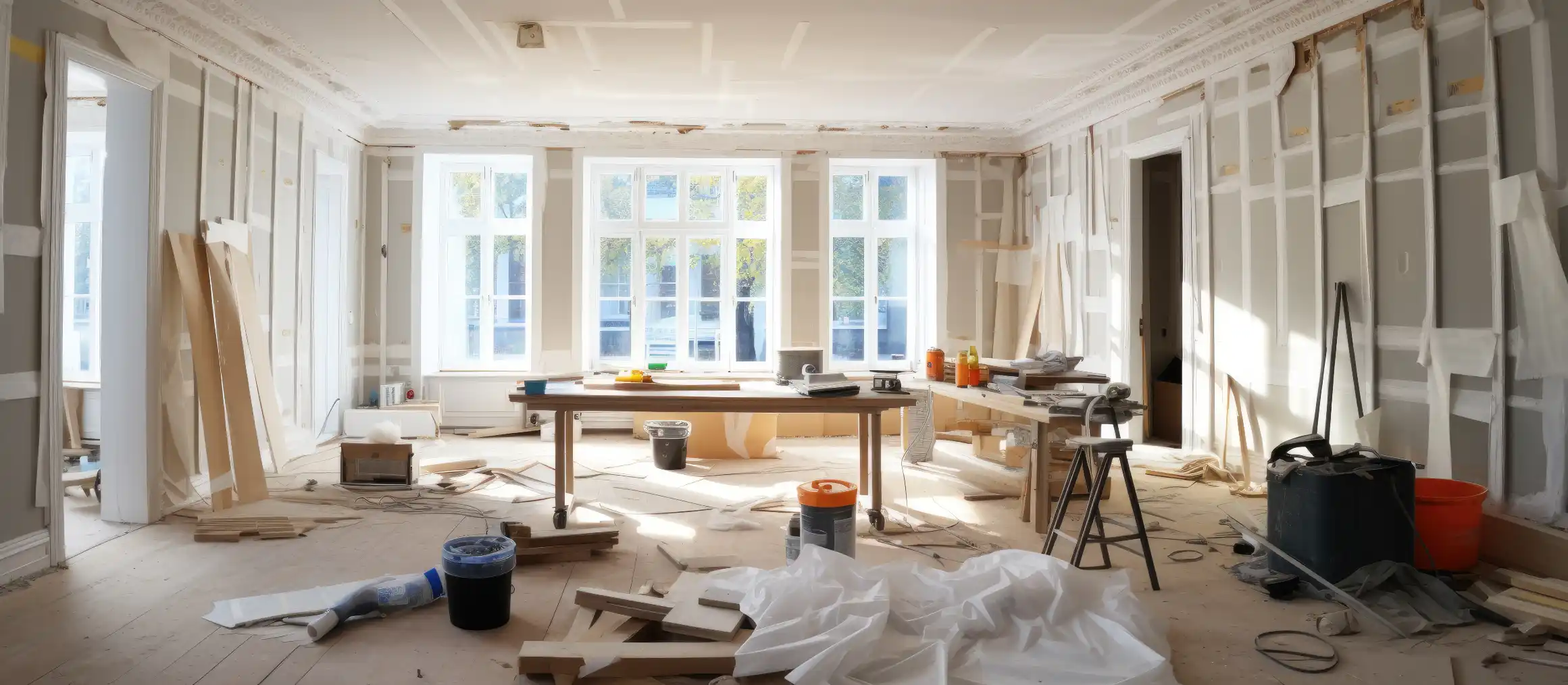 Living room mid-renovation with tools, debris, and dust sheets during a full home remodeling project