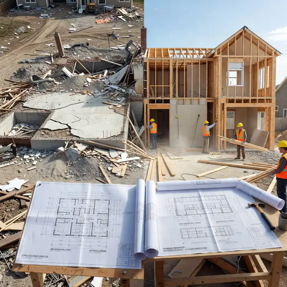 Split image showing a demolished house next to a timber-framed new build with blueprints in the foreground, illustrating the choice between a home rebuild and a major renovation in Sydney