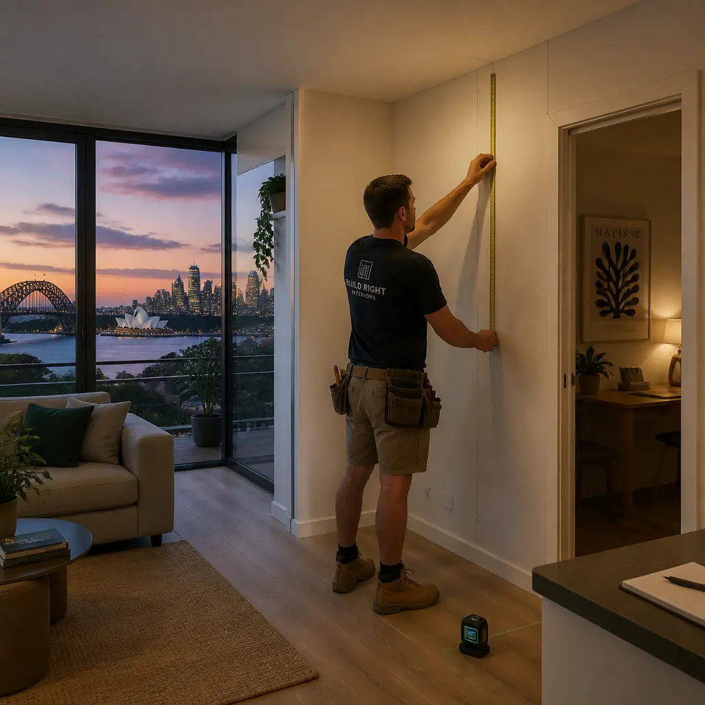 Builder measuring an internal wall in a Sydney apartment before a partition wall installation, with Sydney Harbour Bridge and Opera House visible at dusk