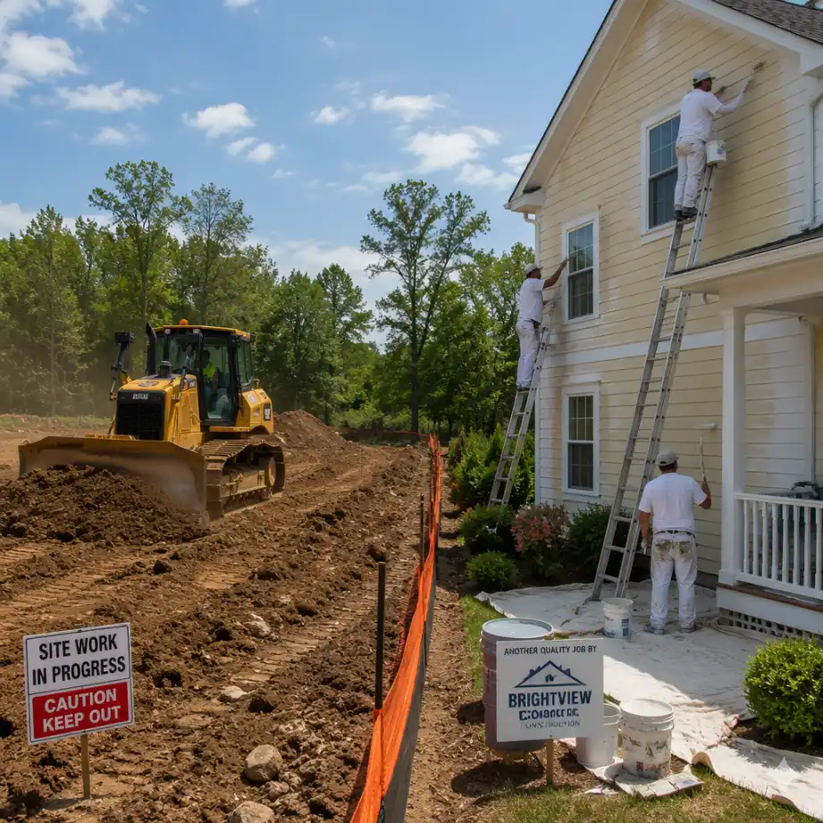 Split scene of a bulldozer clearing land for a rebuild on one side and tradesmen repainting and finishing an existing house exterior on the other, comparing home rebuild vs major renovation options