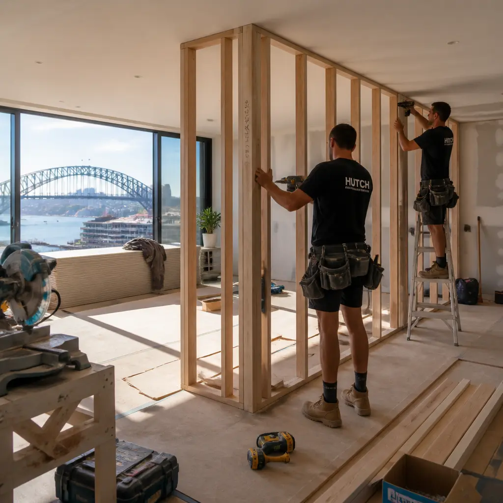 Builders framing a timber partition wall in a Sydney apartment renovation, with Sydney Harbour Bridge visible through the window