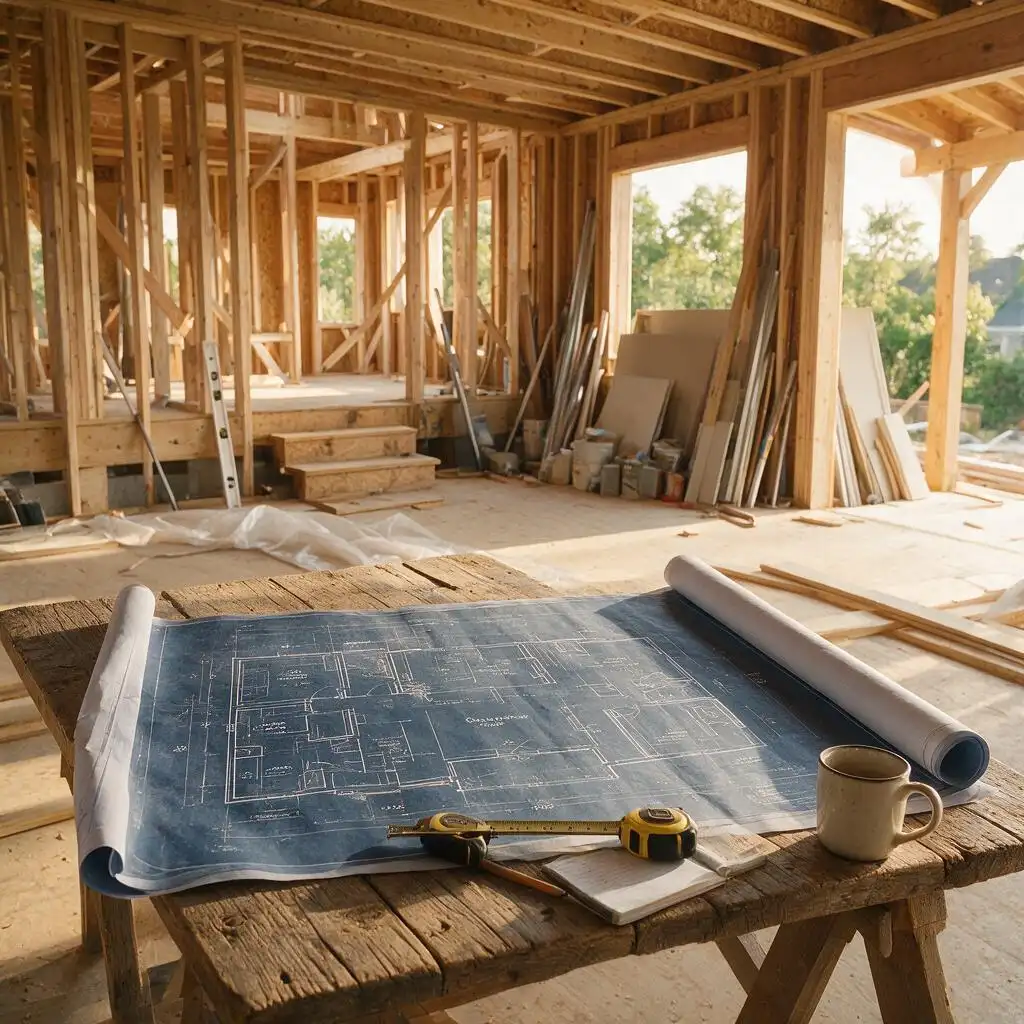 Architectural blueprint laid out on a construction site table inside a timber-framed Sydney home build