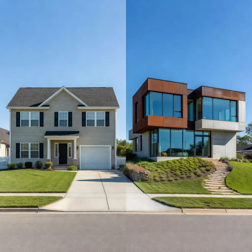 Split-screen comparison of a standard project home design and a modern custom-built home