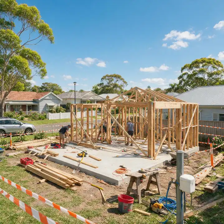 Construction workers building a timber frame extension on a Sydney home during dry, sunny weather