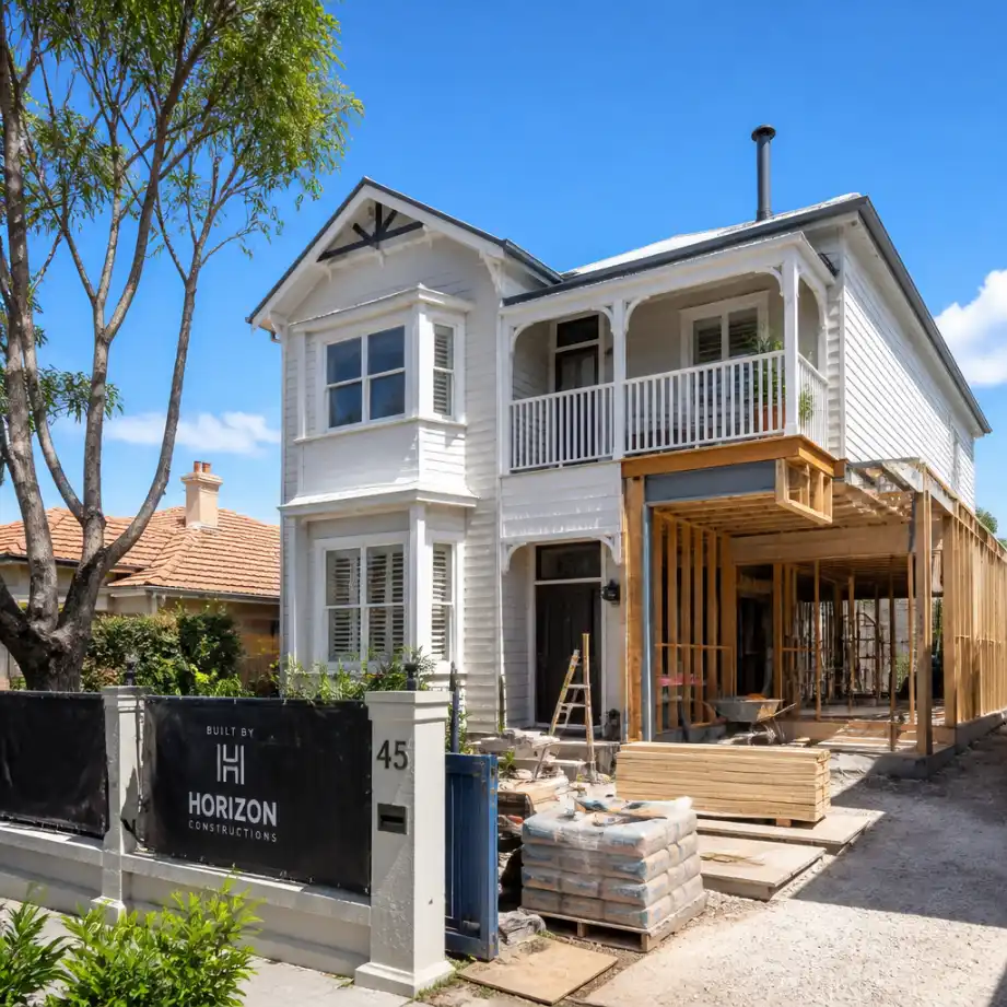 Classic Sydney weatherboard home undergoing a rear extension renovation with timber framing underway